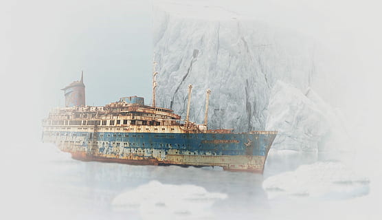 white, blue, cruise ship, beside, iceberg, ship, wreck, old, stainless, stranded, ship wreck, mysticism, leave, cold, broken, rusted, arctic, shipwreck, weathered, lapsed, misfortune, icebergs, decay, antarctica, ice, driving iceberg, ice floes, foggy, cold temperature, winter, water, transportation, nature, nautical vessel, fog, no people, snow, sea, day, mode of transportation, outdoors, reflection, waterfront, frozen, 5K, CC0, public domain, royalty free