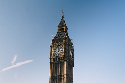architecture, building, infrastructure, structure, tower, clock, time, clouds, clock tower, built structure, building exterior, sky, travel destinations, city, travel, copy space, no people, low angle view, clear sky, tourism, blue, nature, clock face, government, gothic style, spire, 5K, CC0, public domain, royalty free