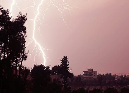 lyn, nat, torden, lys, regn, himmel, magt i naturen, storm, træ, tordenvejr, skønhed i naturen, plante, strøm, sky - himmel, natur, forked lightning, miljø, arkitektur, dramatisk himmel, ingen mennesker, advarselsskilt, udendørs, silhuet, elektricitet, ildevarslende, lilla, 4K, CC0, offentligt domæne, royaltyfrie