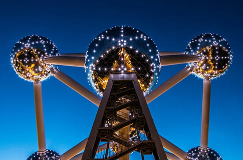 architectural, photography, brown, tower, architecture, infrastructure, structure, lights, dark, night, stairs, blue, sky, amusement park, arts culture and entertainment, rollercoaster, illuminated, ferris wheel, amusement park ride, traveling carnival, fun, clear sky, low angle view, nature, carnival, outdoors, motion, no people, dusk, enjoyment, positive emotion, excitement, 1080P