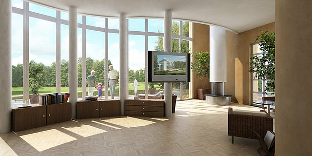 turned, gray, black, flat, screen television, interior, villa, rendering, visualization, architecture, visualization 3d, architectural visualization, landscape, building, cgi, indoors, window, day, no people, chair, luxury, home interior, sunlight, furniture, modern, domestic room, home, wealth, home showcase interior, flooring, built structure, table, domestic life, lifestyles, nature, tiled floor, apartment, 4K, CC0, public domain, royalty free