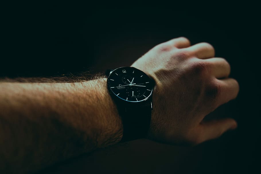 time, person, wearing, black, analog, watch, strap, hand, arm, white, human body part, one person, human hand, close-up, indoors, wristwatch, body part, studio shot, adult, clock, black background, men, instrument of time, human finger, finger, number, wrist, checking the time, 1080P