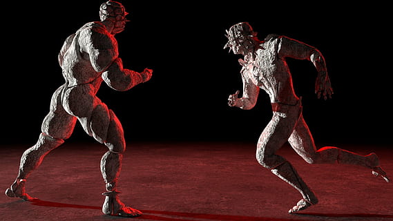 cgi, humanoide, piedra, fondo negro, foto de estudio, longitud total, fuerza, rojo, adentro, actuación, deporte, dos personas, equilibrar, bailando, gente, vista lateral, adulto, movimiento, atleta, flexibilidad, habilidad, hombres, separar, escenario, 1080P, CC0, dominio público, libre de derechos