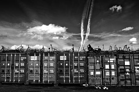 monochrome, image, shipping, containers, High-contrast, shipping containers, Faversham, Kent, England, various, black And White, cloud - Sky, sky, industry, outdoors, day, no people, architecture, building exterior, nature, built structure, transportation, business, mode of transportation, in a row, building, vapor trail, side by side, construction industry, warehouse, 4K, CC0, public domain, royalty free