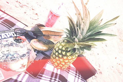 Ananas neben Sandalen, Ananas, Dessert, Vorspeise, Obst, Saft, Ernte, draussen, Camping, Sand, Strand, Hausschuhe, Zeitschrift, Telefon, iphone, Handy, Schatten, drinnen, eine Person, Nahansicht, Tag, nur eine frau, Menschen, keine Leute, Natur, Pflanze, Tabelle, Blume, High Angle View, blühende Pflanze, Lebensmittel, Stillleben, Muster, Essen und Trinken, Frische, Dekoration, Sonnenlicht, Wachstum, Vase, direkt darüber, Strauß, Blumenschmuck, Blumenmuster, 5K, CC0, gemeinfrei, lizenzfrei