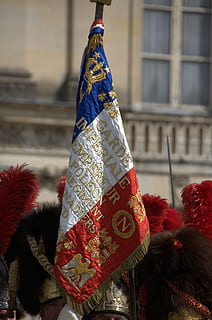 flag, guard, imperial guard, grenadier, emperor, fontainebleau, goodbyes, napoleon, red, building exterior, architecture, focus on foreground, built structure, celebration, day, event, city, representation, decoration, outdoors, no people, holiday, building, street, human representation, christmas, festival, 4K, CC0, public domain, royalty free