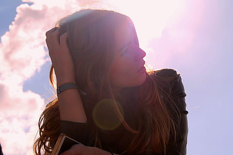 low, angle photo, woman, black, leather, top, blue, sky, low angle, photo, woman in black, blue sky, outdoors, women, people, females, young Adult, happiness, lifestyles, adult, smiling, nature, enjoyment, cheerful, young Women, summer, sunlight, friendship, caucasian Ethnicity, togetherness, fun, sunset, beauty, freedom, carefree, sun, relaxation, headshot, one woman only, one person, adults only, only women, long hair, hairstyle, hair, portrait, brown hair, beautiful woman, lens flare, eyes closed, leisure activity, contemplation, teenager, 4K, CC0, public domain, royalty free