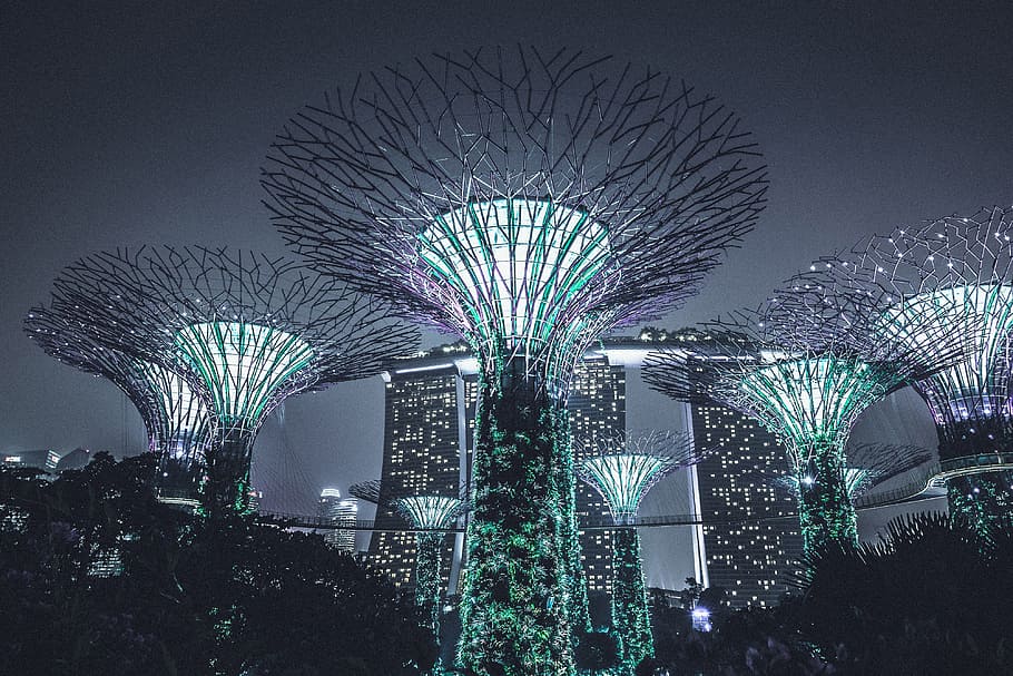 architectural, structures in, structures  in singapore, Buildings, structures, Singapore, architecture, city, night, illuminated, lighting Equipment, urban Scene, modern, gardens By The Bay, cityscape, asia, built Structure, celebration, ferris wheel, no people, building exterior, sky, tree, arts culture and entertainment, nature, plant, low angle view, travel destinations, office building exterior, tourism, city life, outdoors, skyscraper, light, firework display, 4K