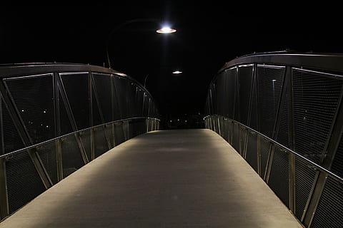 bridge, night time, one, angle, perspective, photography, low, light, pathway, dark, night, fence, illuminated, no people, indoors, film industry, architecture, lighting equipment, built structure, the way forward, nature, direction, connection, outdoors, footpath, railing, street light, industry, city, in a row, sky, diminishing perspective, steel, 1080P, CC0, public domain, royalty free