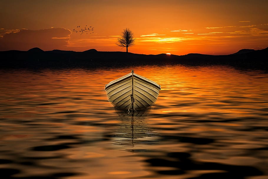 ilustrace, bílý, člun, tělo, voda, západ slunce, bota, moře, slunce, strom, loď, letní, Pozadí, abendstimmung, Příroda, mraky, jezero, dosvit, romantika, nebe, krása v přírodě, oranžová barva, scenics - příroda, klid, klidné scény, odraz, nikdo, silueta, mrak - nebe, hora, idylický, nábřeží, venku, 5K