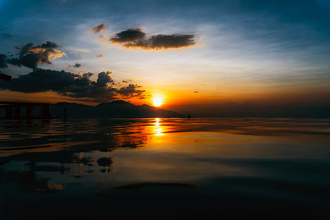 photography, sea, across, hill, sunset, dusk, sky, clouds, beautiful, ocean, water, lake, reflections, nature, outdoors, hdr, country, rural, reflection, beauty in nature, scenics, tranquility, tranquil scene, cloud - sky, orange color, scenics - nature, no people, idyllic, beach, sun, land, silhouette, non-urban scene, horizon over water, surface level, romantic sky, 1080P, CC0, public domain, royalty free