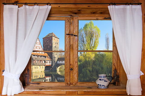 brown, wood-framed, glass window pane, white, window curtains, brown wood, glass, window, pane, curtains, architecture, outlook, tower, curtain, wooden windows, krug, nuremberg, hangman's bridge, wood - Material, no People, domestic Room, luxury, home Interior, house, hotel, indoors, day, nature, hanging, plant, built structure, hut, sunlight, absence, textile, table, open, cottage, 2K, CC0, public domain, royalty free