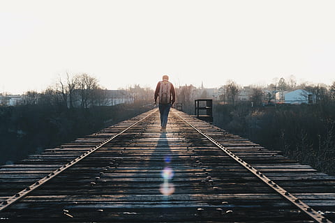 man, carrying, backpack, walking, along, wooden, road, men, brown, train, rails, guy, people, bridge, wood, sun rays, sunlight, sunshine, sunset, sky, lifestyle, outdoors, nature, rear view, full length, one person, adult, adults only, the way forward, one man only, individuality, lifestyles, standing, real people, day, direction, transportation, leisure activity, casual clothing, architecture, diminishing perspective, rail transportation, track, 1080P
