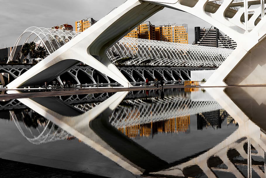 foto, blanc, edifici, cos, aigua, reflexió, ciutat, arquitectura, mirall, urbà, modern, gent, estructura, valencium, espanya, calatrava, estructura construïda, cap gent, transport, connexió, naturalesa, a l'aire lliure, exterior de l'edifici, metall, dia, pont, pont - estructura feta per l'home, moviment, riu, Parc d'atraccions, color plata, roda, 5K