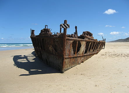 brown, metal ship, wrecked, seashore, ship wreck, fraser island, australia, wreck, sand, beach, sky, land, abandoned, water, shipwreck, nature, decline, run-down, deterioration, day, sea, mode of transportation, nautical vessel, obsolete, ship, transportation, damaged, rusty, no people, outdoors, ruined, 2K, CC0, public domain, royalty free