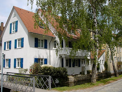 huis, gebouw, venster, Luik, facade, huis op water, bowever, bach, brug, brugleuning, staal, berk, web, weg, water, Langenau, architectuur, buitenkant van het gebouw, ingebouwde structuur, fabriek, boom, woonwijk, natuur, dag, geen mensen, groei, buitenshuis, zonlicht, stad, stad-, lage hoekweergave, dak, hemel, 1080P, CC0, publiek domein, royaltyvrij