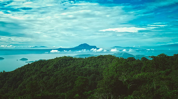 blue, clouds, forest, green, high angle shot, hills, landscape, mountains, nature, sea, sky, trees, scenics - nature, beauty in nature, plant, cloud - sky, tranquil scene, mountain, tranquility, tree, environment, no people, land, non-urban scene, green color, growth, day, idyllic, outdoors, 4K