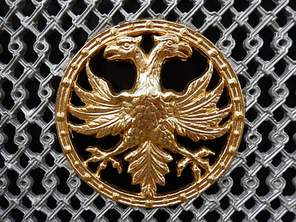 kapı, logo, iskelet, arma, kartal, kapatmak, Desen, metal, insansız, şekil, altın renkli, dizayn, siyah renk, siyah arka plan, Kafes, geometrik şekil, Sanat ve zanaat, daire, tek nesne, metal ızgara, Rende, altın, açık havada, gümüş renkli, süslü, 4K, CC0, kamu malı, telif ücretsiz