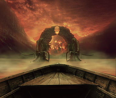 bote, frente, ilustración del arco del cráneo, lago, laca, infierno, foto, photoshop, adobe, Adobe Photoshop, manipulación, diseño, fantástico, edición, diseño artístico, ver, coche, carro de oro, detener, caballo, el segador, esqueleto, naturaleza, puesta de sol, cielo, nube - cielo, representación humana, representación, Arte y artesanía, nadie, compuesto digital, transporte, arquitectura, color naranja, semejanza masculina, belleza en la naturaleza, creatividad, agua, modo de transporte, al aire libre, religión, creencia, 1080P, CC0, dominio público, libre de derechos