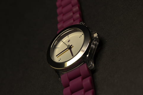watch, purple, time, clock, instrument of time, wristwatch, indoors, close-up, no people, pink color, studio shot, clock face, clock hand, wall - building feature, single object, pattern, accuracy, alarm clock, gray, high angle view, personal accessory, checking the time, 4K, CC0, public domain, royalty free