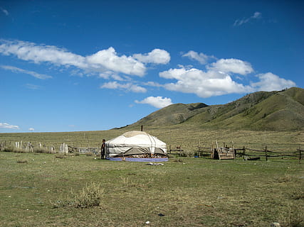 white, tent, hills, daytime, yurt, mongolia, steppe, sky, landscape, cloud - sky, environment, grass, land, nature, built structure, day, architecture, non-urban scene, no people, plant, mountain, field, scenics - nature, building exterior, beauty in nature, building, tranquility, outdoors, 2K, CC0, public domain, royalty free