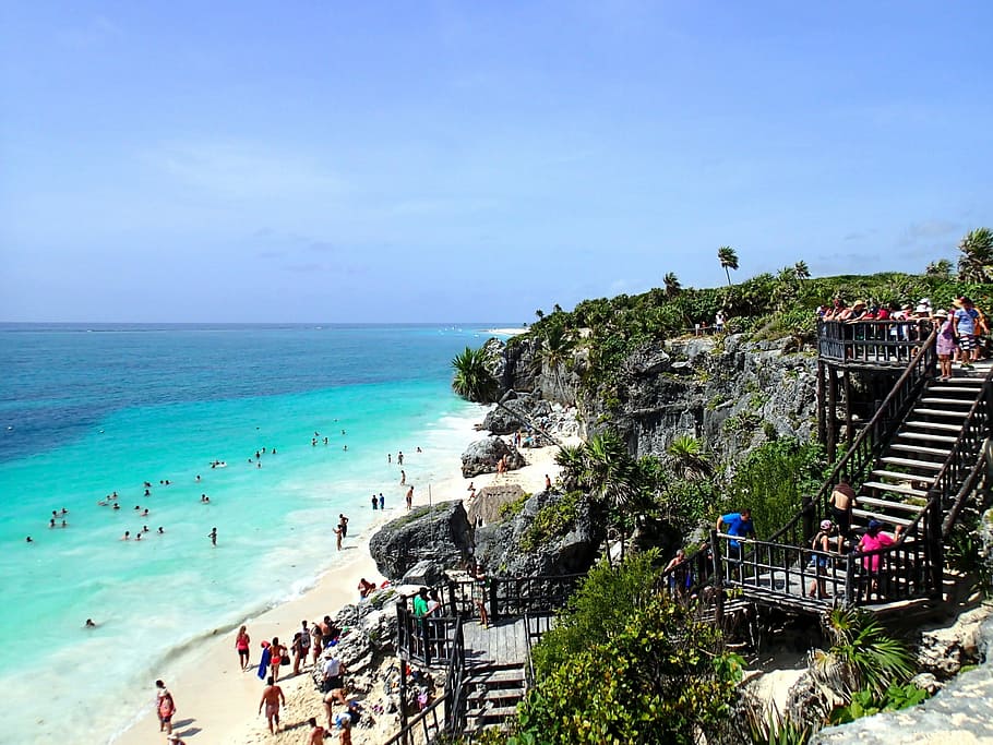 aèria, fotografia, gent, platja, tulum, mèxic, mexicà, platja, tulum, mexicà, mar, horitzó sobre l’aigua, aigua, gran grup de persones, vacances, grup de persones, multitud, terra, festa, viatge, naturalesa, cel, horitzó, bellesa a la natura, vista d’angle alt, escenics - natura, dia, arbre, a l'aire lliure, color turquesa, 1080P