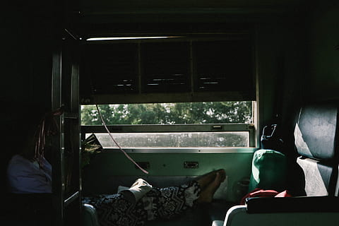 woman, lying, bench, lean, chair, beside, open, door, window, carriage, old, train, indoors, mode of transportation, transportation, seat, vehicle interior, furniture, no people, domestic room, day, bed, absence, relaxation, glass - material, bedroom, vehicle seat, domestic animals, lifestyles, 5K, CC0, public domain, royalty free