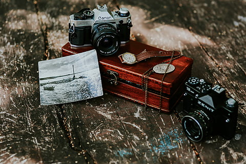 old vintage camera, Old, vintage, camera, canon, photography, photos, photographer, hobby, camera - Photographic Equipment, old-fashioned, retro Styled, equipment, wood - Material, obsolete, antique, photography Themes, photograph, high angle view, no people, day, winter, outdoors, technology, photographic equipment, table, lens - optical instrument, still life, nostalgia, text, book, indoors, the past, digital camera, 4K