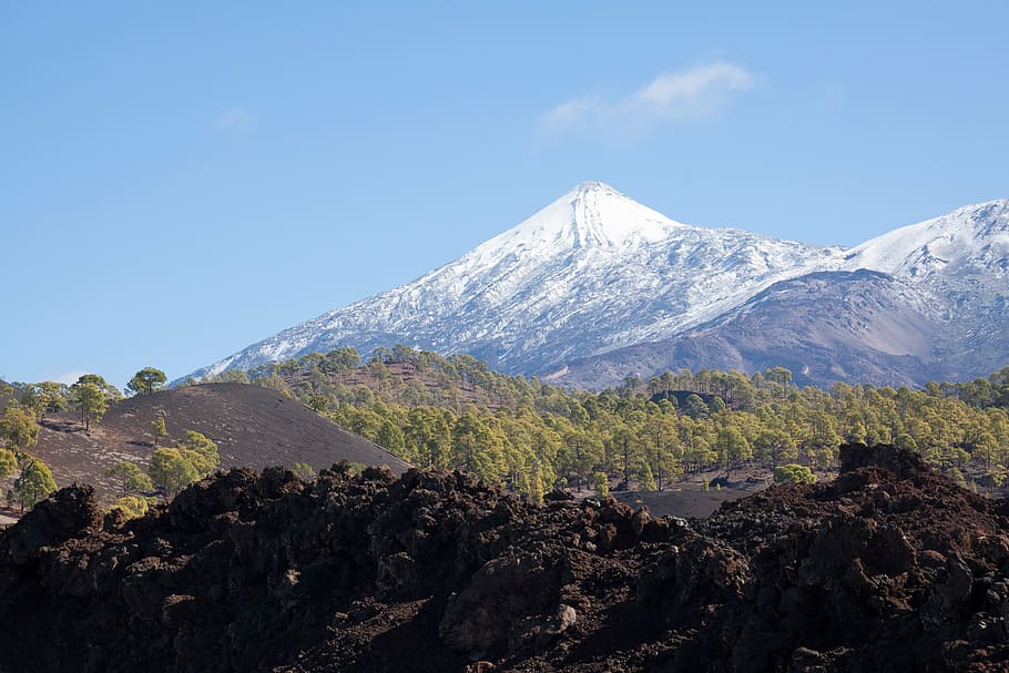 teide, volcà, muntanya, cim, pic del teide, teyde, Parc Nacional, tenerife, Illes Canàries, 3718 m, 3718 metres, 3718, neu, blau, blanc, verd, marró, lava, roca de lava, camps de lava, roques, paisatge lunar, pi, Canari kiefer, pinus canariensis, contrast, mort, en viu, cel, bellesa a la natura, escenics - natura, medi ambient, naturalesa, cap gent, paisatge, planta, escena no urbana, escena tranquil·la, tranquil·litat, hivern, dia, temperatura de fred, muntanya nevada, destinacions de viatge, cim de muntanya, a l'aire lliure, 4K