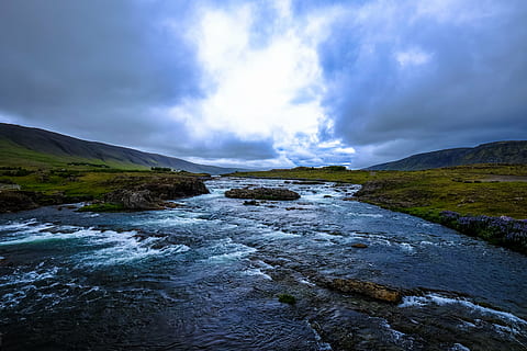 cascade, current, dark clouds, daylight, flow, gloomy, grass, grass field, landscape, moss, Mossy rocks, motion, mountain, nature, outdoors, pasture, river, rocks, scenic, stream, sunset, travel, water, scenics - nature, environment, cloud - sky, beauty in nature, sky, land, rock - object, rock, solid, no people, non-urban scene, waterfall, flowing water, flowing, power in nature, 4K, CC0, public domain, royalty free
