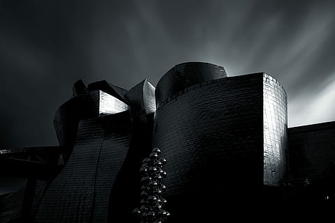 foto en escala de grises, hormigón, estructura, fotografía en escala de grises, edificio, arquitectura, museo, diseño, famoso, punto de referencia, contraste, en blanco y negro, monocromo, Guggenheim, calina, brillar, bilbao, Gehry, Art º, larga exposición, exposición prolongada durante el día, exterior del edificio, estructura construida, vista de ángulo bajo, cielo, ciudad, naturaleza, noche, nadie, nube - cielo, rascacielos, edificio de oficinas exterior, al aire libre, oscuro, torre, destinos de viaje, oscuridad, moderno, 4K, CC0, dominio público, libre de derechos