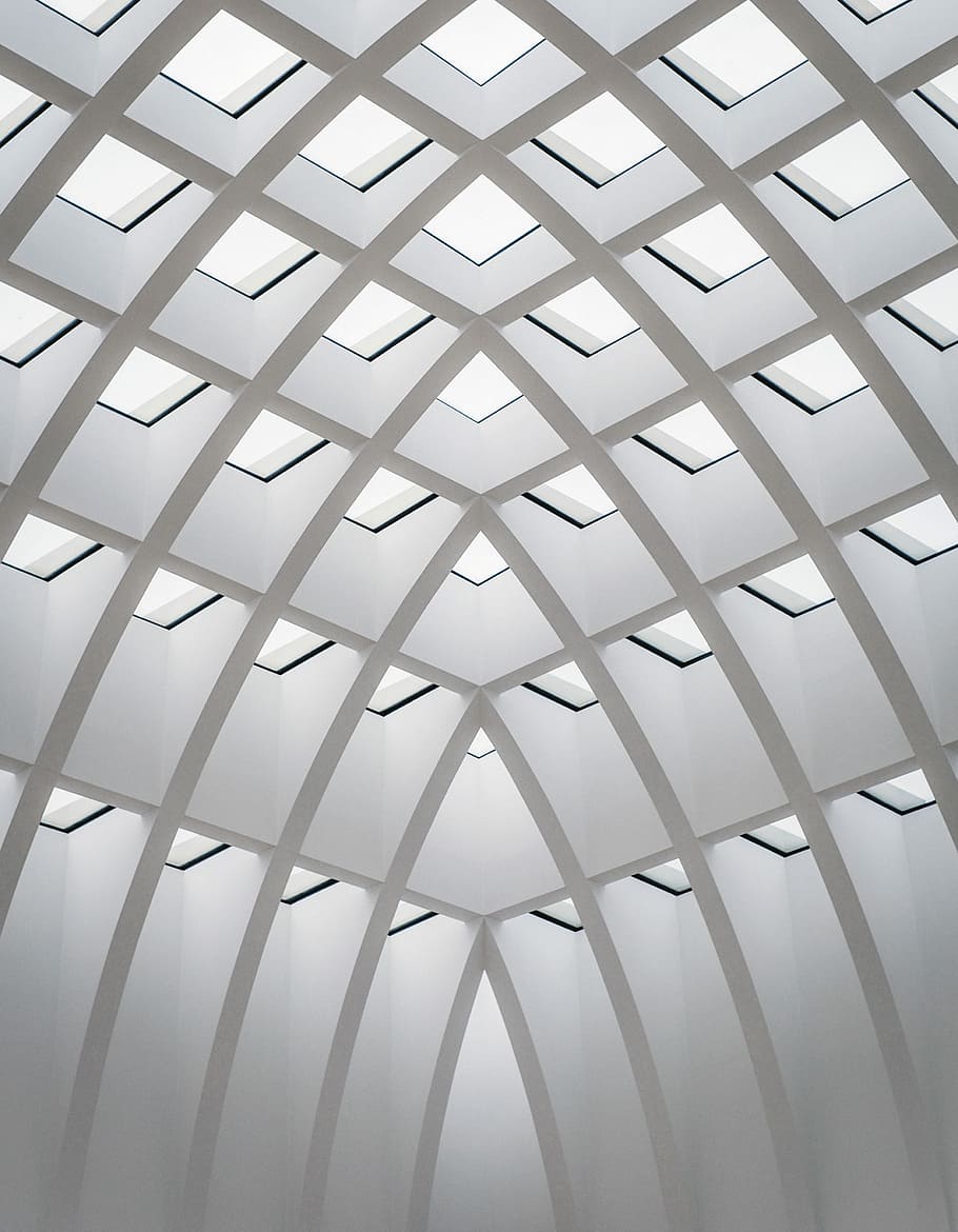 foto, bianca, calcestruzzo, costruzione, interno, Senza titolo, finestra, architettura, soffitto, minimo, simmetria, geometrico, struttura, tetto, futuristico, piazza, arco, lucernario, contrafforte, banda, modello, nessuno, Inquadratura dal basso, in casa, struttura costruita, moderno, design, fotogramma intero, Colore bianco, di fila, giorno, ripetizione, sfondi, forma, forma geometrica, appartamento, 4K