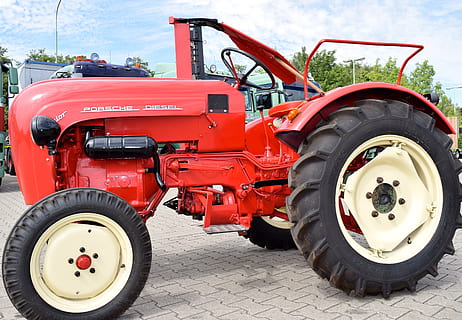 porsche, tractor, mow, oldtimer, restored, red nose, red, agriculture, mode of transportation, transportation, land vehicle, wheel, tire, agricultural machinery, day, stationary, agricultural equipment, machinery, motor vehicle, outdoors, no people, nature, street, truck, car, close-up, 5K, CC0, public domain, royalty free