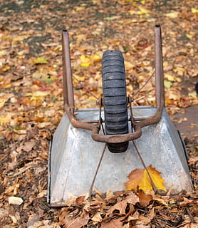taczka, ogród, jesień, część rośliny, liść, metal, dzień, żadnych ludzi, Natura, zmiana, wylądować, skupić się na pierwszym planie, pole, zbliżenie, na dworze, suchy, siedzenie, drewno - materiał, odchodzi, ławka, zardzewiały, opuszczony, 2K, CC0, domena publiczna, darmowe zdjęcia
