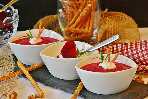 three, white, ceramic, sauce bowls, beetroot, dip, mousse, starter, vegetarian, healthy, delicious, frisch, cream, nutrition, eat, red, food, feed, tasty, snack, dine, vegetables, kitchen, food and drink, bowl, no people, freshness, indoors, studio shot, close-up, italian food, ready-to-eat, fruit, strawberry, healthy eating, berry fruit, kitchen utensil, table, wellbeing, eating utensil, spoon, household equipment, indulgence, temptation, breakfast, 5K, CC0, public domain, royalty free