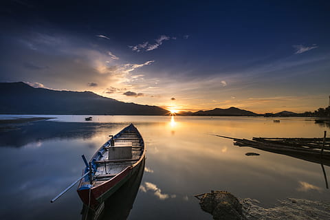 brown, black, boat, body, water, lonely, feeling, wait, tranquility, soul, background, nice, green, the boat, the cloud, color, full color, the countryside, evening, exposure, fishing, horizon, outdoor, scenery, light, long, people, nature, old, oranges, peace, peaceful, ao, reed, reflect, relax, rest, wave, the sea, sky, small, spring, summer, the sun, sunrise, sunset, time, travel, two, holiday, see, wood, nautical vessel, reflection, transportation, cloud - sky, lake, scenics - nature, tranquil scene, mode of transportation, mountain, sun, beauty in nature, moored, sunlight, no people, outdoors, rowboat, lagoon, 8K, CC0, public domain, royalty free