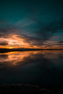body, water, green, sky, blue, orange, twilight, clouds, reflection, organge, cloud - sky, sunset, beauty in nature, scenics - nature, tranquility, tranquil scene, orange color, idyllic, no people, sea, nature, dramatic sky, non-urban scene, awe, outdoors, romantic sky, 5K, CC0, public domain, royalty free