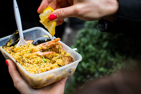 seafood paella takeaway, Seafood, paella, takeaway, eating, hands, rice, shrimps, Spanish, food, human Hand, meal, cooking, gourmet, lunch, dinner, meat, outdoors, restaurant, vegetable, people, food And Drink, human body part, one person, one woman only, hand, holding, freshness, unrecognizable person, real people, close-up, ready-to-eat, body part, lifestyles, kitchen utensil, bowl, finger, focus on foreground, snack, 5K
