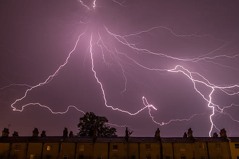 lighting strike, charge, cityscape, cloud, danger, electric, electricity, energy, flash, lightning, night, shock, sky, static, storm, thunder, thunderbolt, weather, power in nature, cloud - sky, power, beauty in nature, thunderstorm, nature, communication, environment, architecture, dramatic sky, no people, warning sign, sign, outdoors, ominous, purple, meteorology, 5K, CC0, public domain, royalty free