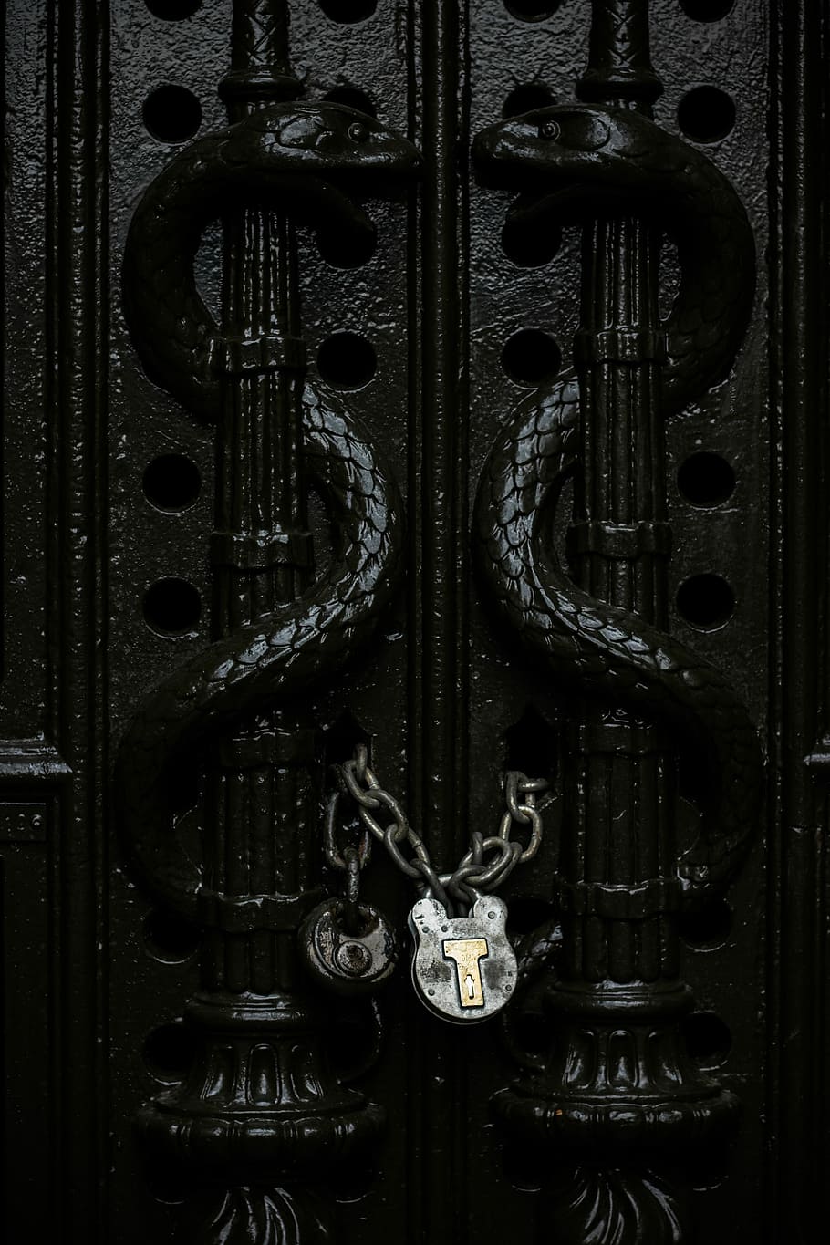 grau, Kettenschloss, Tür, Nahansicht, Schuss, schwarz, Metallschlange, geprägt, sperren, zwei, Vorhängeschlösser, Schlange, Tor, Eisen, gruslig, Kammer, Kette, Textur, Metall, Detail, alt, dunkel, geheim, London, Friedhof, Eingang, geschlossen, Schutz, Sicherheit, keine Leute, Türklopfer, Hintergründe, Vollbild, Muster, Design, Türknauf, Knopf, drinnen, Kunst und Handwerk, Antiquität, aufwendig, silberfarben, 2K