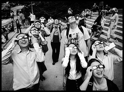 people, holding, 3d, glasses, eclipse, solar eclipse, expression, looking up, sky, pov, symmetry, china, chinese, black and white, crowd, real people, large group of people, group of people, men, lifestyles, street, leisure activity, happiness, women, front view, day, standing, city, music, arts culture and entertainment, outdoors, celebration, smiling, human arm, arms raised, 4K, CC0, public domain, royalty free