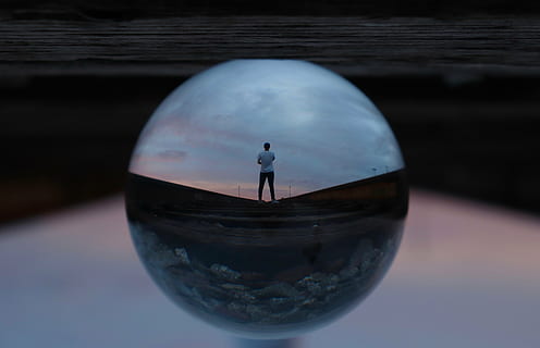 action, ball, ball-shaped, blur, clear, close-up, dark, dusk, evening, glass, journey, landscape, light, man, night, outdoors, person, perspective, reflection, round, sky, soap bubble, sphere, sunset, train tracks, travel, water, one person, full length, men, nature, rear view, standing, day, adult, shape, circle, geometric shape, wood - material, crystal ball, real people, 5K, CC0, public domain, royalty free