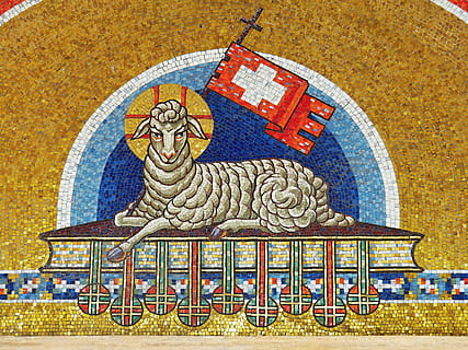the lamb, jesus, easter symbol, belief, religion, art and craft, animal, representation, spirituality, animal themes, multi colored, creativity, pattern, architecture, place of worship, mammal, no people, craft, close-up, design, mural, animal representation, decoration, ornate, 4K, CC0, public domain, royalty free