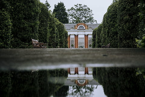 foto macro, bianca, arancia, dimora, architettura, costruzione, infrastruttura, struttura, istituzione, Casa, giardino, arbusto, cespuglio, riflessione, alberi, le foglie, verde, fiume, acqua, albero, struttura costruita, pianta, esterno dell'edificio, natura, colore verde, nessuno, giorno, crescita, all'aperto, concentrarsi sullo sfondo, cielo, lago, fogliame, siepe, 5K, CC0, dominio pubblico, privo di copyright