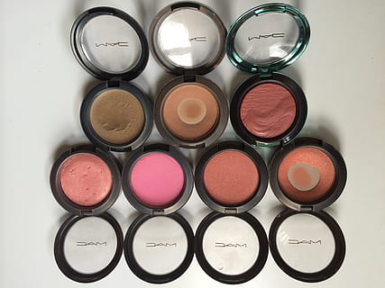 mac, assorted-color, makeup, blush, bottles, blusher, cosmetics, mac cosmetics, beauty, in a row, variation, choice, indoors, still life, geometric shape, directly above, circle, no people, side by side, shape, red, multi colored, group of objects, arrangement, large group of objects, close-up, make-up, container, beauty product, order, 2K, CC0, public domain, royalty free