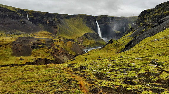 valley during daytime, waterfall, water, river, stream, mist, scenics - nature, environment, mountain, beauty in nature, landscape, land, nature, sky, rock, solid, rock - object, cloud - sky, travel destinations, plant, no people, non-urban scene, travel, mountain range, outdoors, 2K, CC0, public domain, royalty free