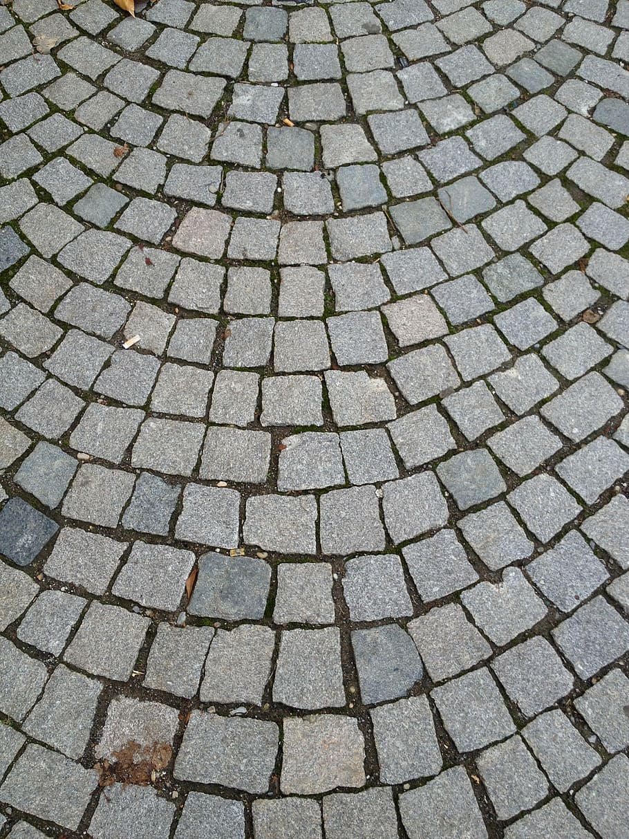 Kopfsteinpflaster, Patch, Stein, Muster, Textur, Struktur, Weg, Hintergründe, Vollbild, Straße, texturiert, Fußweg, keine Leute, High Angle View, Tag, Pflasterstein, gestalten, Design, Stadt, Wiederholung, draußen, Geometrische Figur, Anordnung, stein material, 2K