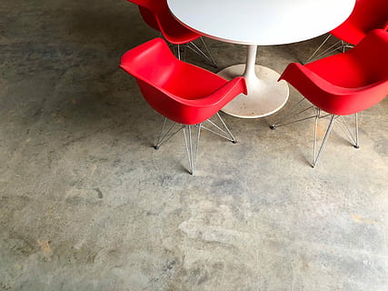 red, plastic chairs, white, pedestal table, beside, chairs, coworking, space, work, table, modern, office, home, chair, indoors, flooring, seat, high angle view, no people, wall - building feature, business, absence, gray, tiled floor, white color, metal, still life, close-up, tile, day, luxury, wheel, 4K, CC0, public domain, royalty free