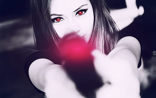 black, white, photography, woman, holding, pistol, adult, beautiful, blur, close-up, cute, eyes, face, fashion, female, focus, girl, glamour, gun, hair, hold, lady, model, monochrome, person, photoshoot, portrait, pose, pretty, selective color, studio, teen, violence, young, one person, looking at camera, women, young adult, headshot, selective focus, front view, young women, human body part, long hair, beauty, human hand, hand, body part, hairstyle, beautiful woman, witch, 1080P