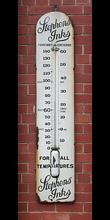 gammel, termometer, stevens, trykfarver, antik, Skærm, reklame, murstens væg, måleinstrument, ingen mennesker, tæt på, Målestok, udendørs, tekst, meddelelse, væg, vestlige script, murbygningsfunktion, nummer, mursten, temperatur, nøjagtighed, dag, arkitektur, automatisk postproduktionsfilter, overfør print, 2K, CC0, offentligt domæne, royaltyfrie